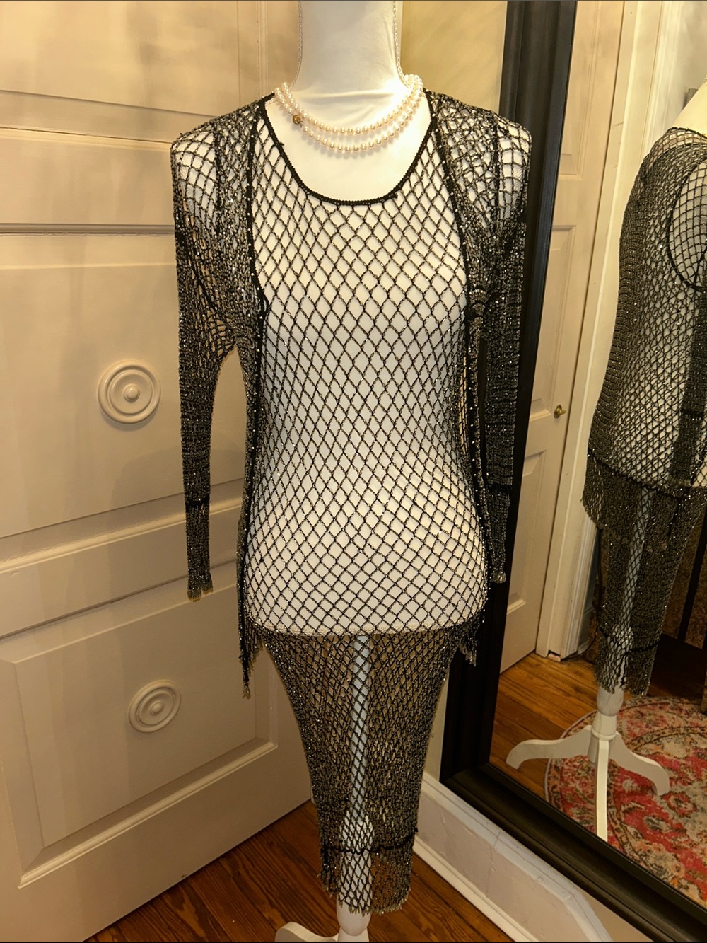 INCREDIBLE!! 2 piece Black Beaded Mesh Dress Overlay with jacket VINTAGE